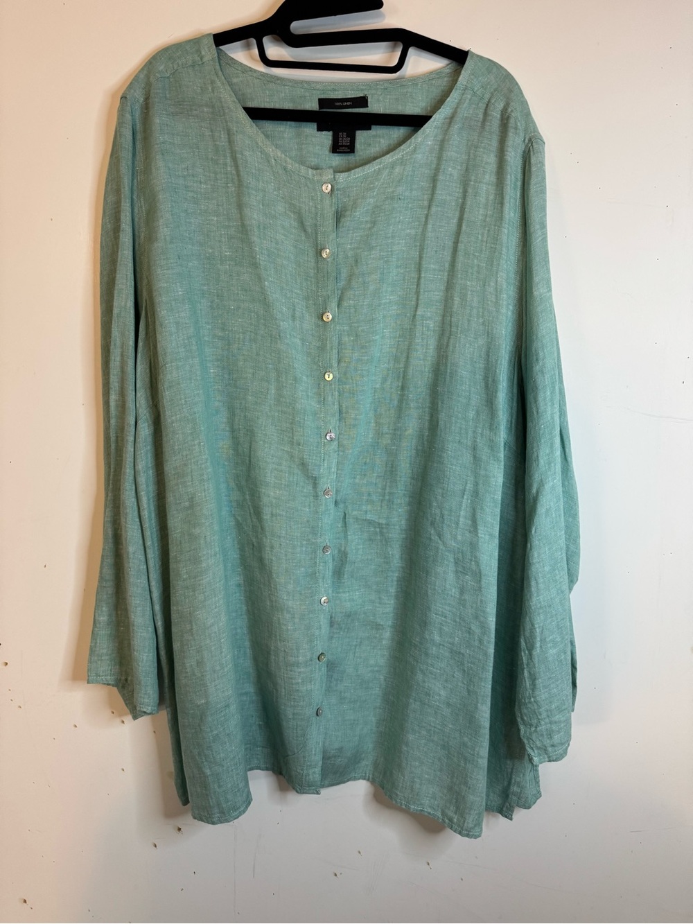 Tahari Seafoam Green Button-Front Linen Blouse like new Sz 3X roll up sleeve